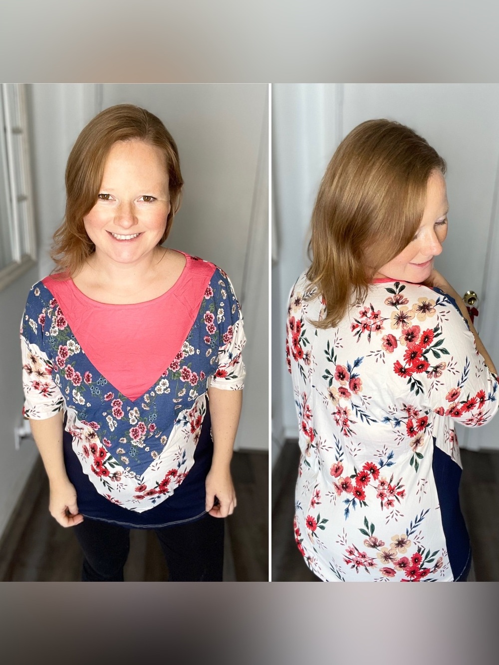 Floral Patchwork Short Sleeve Women’s Top - Coral & Navy
